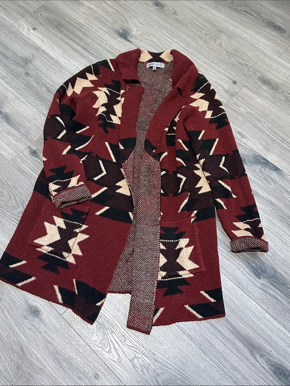 Absolutely Famous Burgundy Aztec Knit Cardigan with Cream & Black Accents